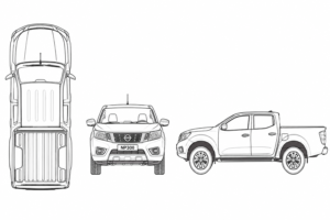 nissan np300 dwg cad block top, front & side views